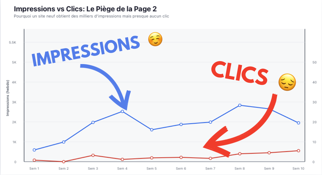 Courbe Google Search Console : beaucoup d'impressions, peu de clics