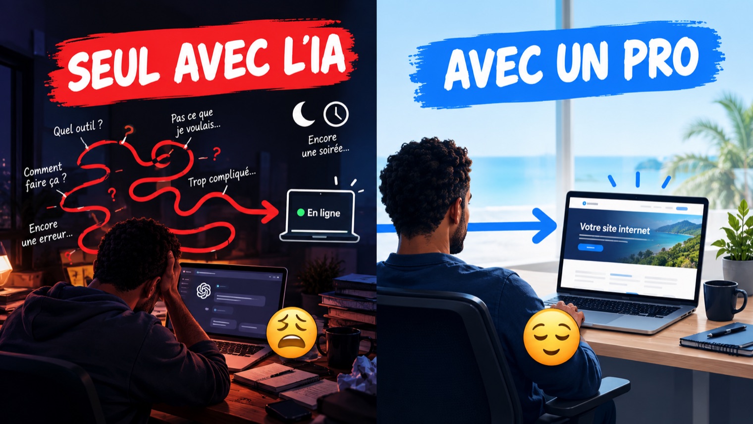 Créer son site seul avec l'IA ou avec un pro : d'un côté un chemin sinueux et des soirées perdues, de l'autre une flèche directe vers le site en ligne
