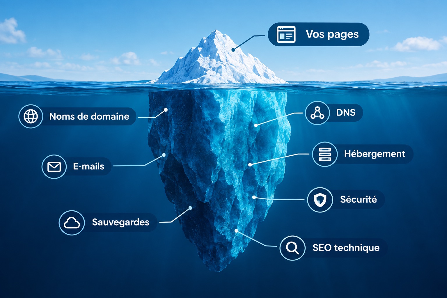 Iceberg : « Vos pages » émergent à la surface ; sous l'eau, les noms de domaine, le DNS, l'hébergement, les e-mails, la sécurité, les sauvegardes et le SEO technique